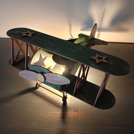 Ξύλινο χειροποίητο παιδικό επιτραπέζιο φωτιστικό Αεροπλάνο Vintage – Mood4Wood