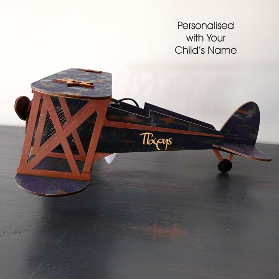 Ξύλινο χειροποίητο παιδικό επιτραπέζιο φωτιστικό Αεροπλάνο Μπλε – Mood4Wood