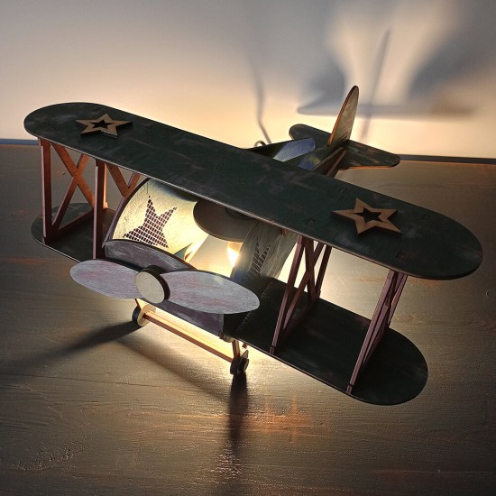 Ξύλινο χειροποίητο παιδικό επιτραπέζιο φωτιστικό Αεροπλάνο Μπλε – Mood4Wood