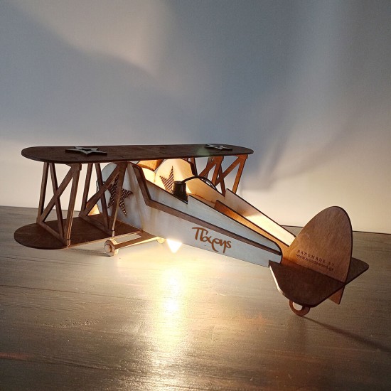 Ξύλινο χειροποίητο παιδικό επιτραπέζιο φωτιστικό Αεροπλάνο – Mood4Wood