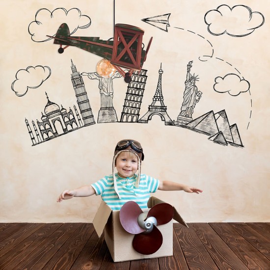 Ξύλινο χειροποίητο παιδικό κρεμαστό φωτιστικό Αεροπλάνο Vintage – Mood4Wood