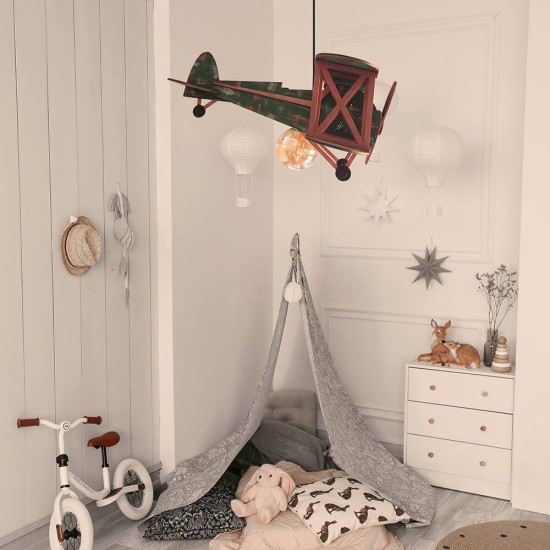 Ξύλινο χειροποίητο παιδικό κρεμαστό φωτιστικό Αεροπλάνο Vintage – Mood4Wood