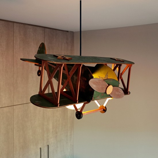 Ξύλινο χειροποίητο παιδικό κρεμαστό φωτιστικό Αεροπλάνο Vintage – Mood4Wood