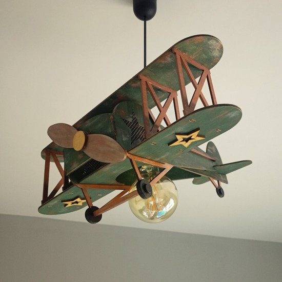 Ξύλινο χειροποίητο παιδικό κρεμαστό φωτιστικό Αεροπλάνο Vintage – Mood4Wood