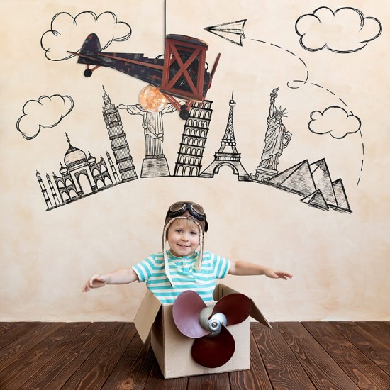 Ξύλινο χειροποίητο παιδικό κρεμαστό φωτιστικό Αεροπλάνο Μπλε – Mood4Wood