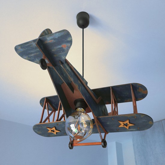 Ξύλινο χειροποίητο παιδικό κρεμαστό φωτιστικό Αεροπλάνο Μπλε – Mood4Wood