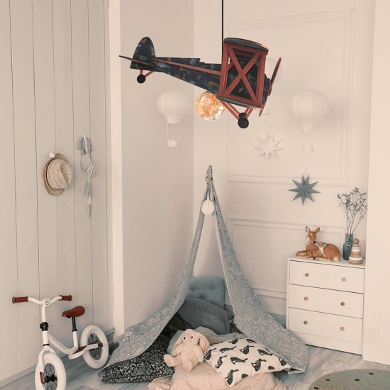 Ξύλινο χειροποίητο παιδικό κρεμαστό φωτιστικό Αεροπλάνο Μπλε – Mood4Wood