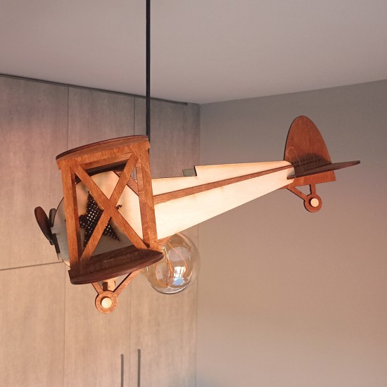 Ξύλινο χειροποίητο παιδικό κρεμαστό φωτιστικό Αεροπλάνο - Mood4Wood
