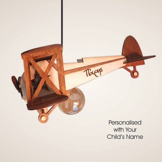 Ξύλινο χειροποίητο παιδικό κρεμαστό φωτιστικό Αεροπλάνο - Mood4Wood