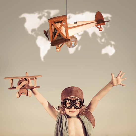 Ξύλινο χειροποίητο παιδικό κρεμαστό φωτιστικό Αεροπλάνο - Mood4Wood