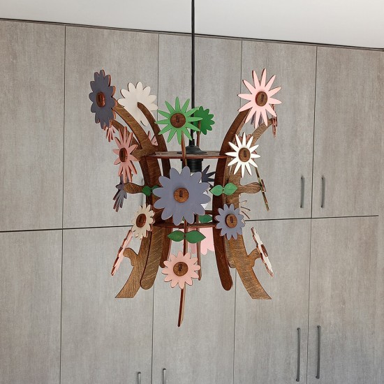 Ξύλινο χειροποίητο κρεμαστό φωτιστικό Λουλουδένια Ανοιξιάτικα – Mood4Wood
