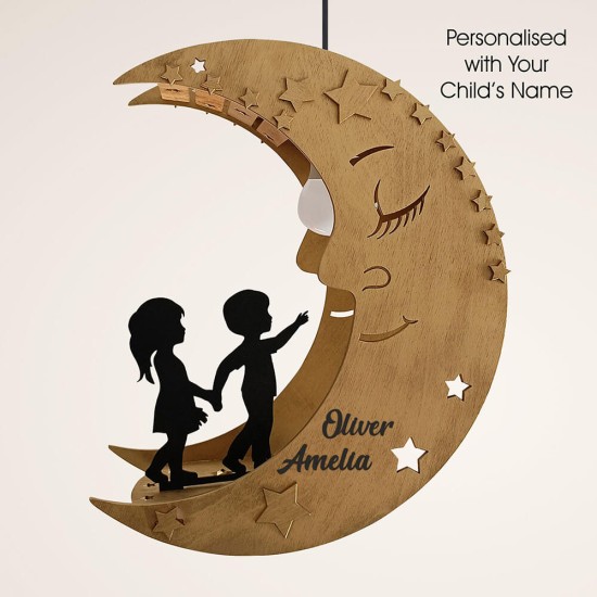 Ξύλινο χειροποίητο παιδικό κρεμαστό φωτιστικό Φεγγάρι – Mood4Wood