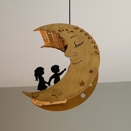 Ξύλινο χειροποίητο παιδικό κρεμαστό φωτιστικό Φεγγάρι – Mood4Wood