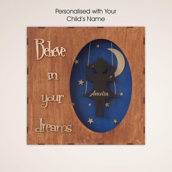 Ξύλινο χειροποίητο παιδικό φωτιστικό τοίχου Πίστεψε στα Όνειρά σου – Mood4Wood