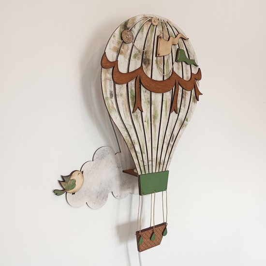 Ξύλινο χειροποίητο παιδικό φωτιστικό τοίχου Αερόστατο – Mood4Wood