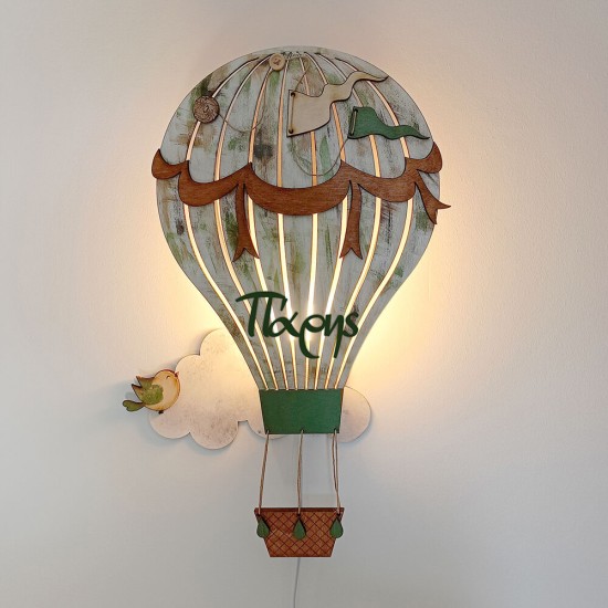 Ξύλινο χειροποίητο παιδικό φωτιστικό τοίχου Αερόστατο – Mood4Wood