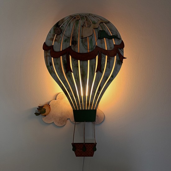Ξύλινο χειροποίητο παιδικό φωτιστικό τοίχου Αερόστατο – Mood4Wood
