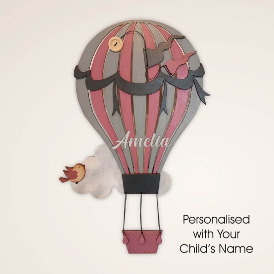 Ξύλινο χειροποίητο παιδικό φωτιστικό τοίχου Αερόστατο Μωβ – Mood4Wood