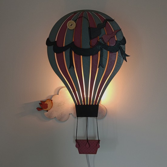 Ξύλινο χειροποίητο παιδικό φωτιστικό τοίχου Αερόστατο Μωβ – Mood4Wood