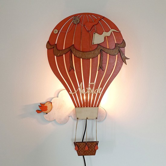 Ξύλινο χειροποίητο παιδικό φωτιστικό τοίχου Αερόστατο – Mood4Wood