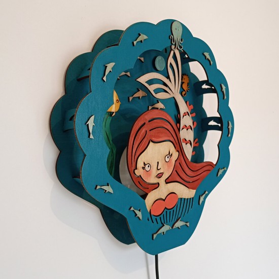 Ξύλινο χειροποίητο παιδικό φωτιστικό τοίχου Γοργόνα – Mood4Wood