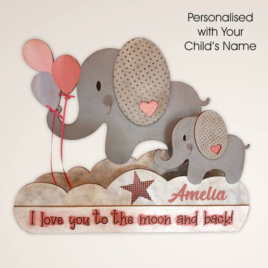 Ξύλινο χειροποίητο παιδικό φωτιστικό τοίχου & επιτραπέζιο Ελεφαντάκι Ροζ – Mood4Wood