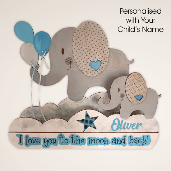 Ξύλινο χειροποίητο παιδικό φωτιστικό τοίχου & επιτραπέζιο Ελεφαντάκι Σιέλ – Mood4Wood