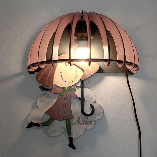 Ξύλινο χειροποίητο παιδικό φωτιστικό τοίχου Κορίτσι με Ομπρέλα – Mood4Wood