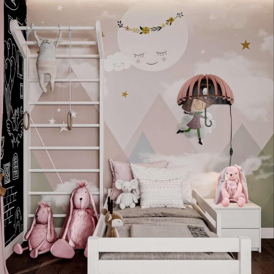 Ξύλινο χειροποίητο παιδικό φωτιστικό τοίχου Κορίτσι με Ομπρέλα – Mood4Wood