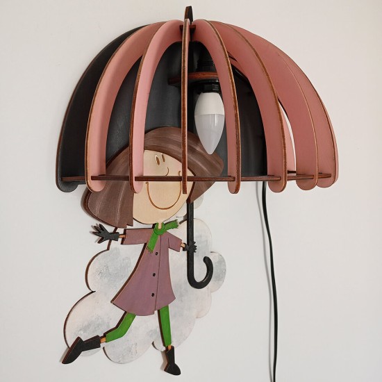 Ξύλινο χειροποίητο παιδικό φωτιστικό τοίχου Κορίτσι με Ομπρέλα – Mood4Wood