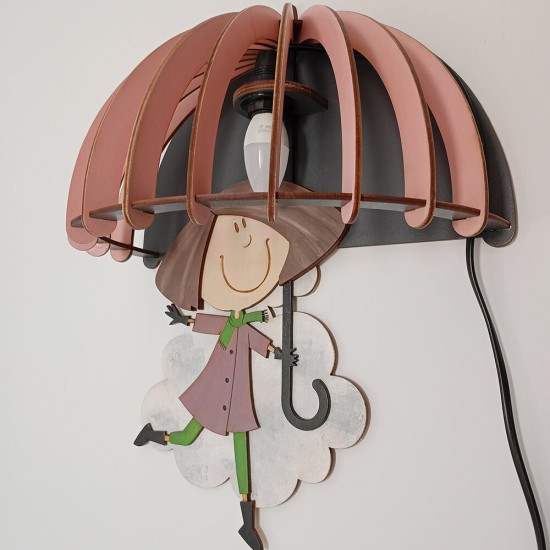 Ξύλινο χειροποίητο παιδικό φωτιστικό τοίχου Κορίτσι με Ομπρέλα – Mood4Wood