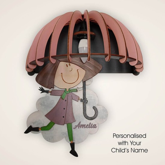 Ξύλινο χειροποίητο παιδικό φωτιστικό τοίχου Κορίτσι με Ομπρέλα – Mood4Wood