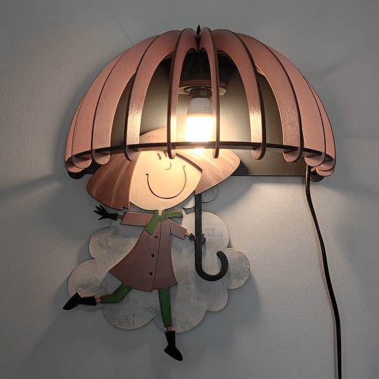 Ξύλινο χειροποίητο παιδικό φωτιστικό τοίχου Κορίτσι με Ομπρέλα – Mood4Wood