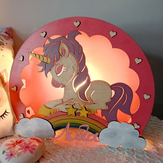 Ξύλινο χειροποίητο παιδικό φωτιστικό τοίχου & επιτραπέζιο Μονόκερος – Mood4Wood