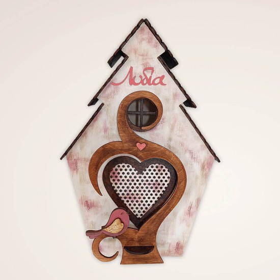 Ξύλινο χειροποίητο παιδικό φωτιστικό τοίχου & επιτραπέζιο Σπιτάκι Ροζ – Mood4Wood
