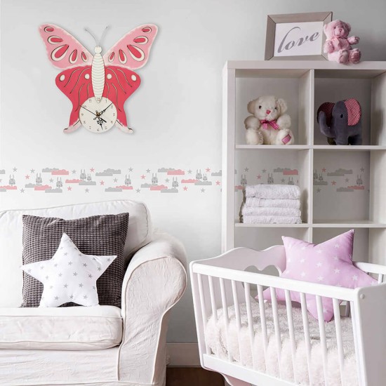 Ρολόι Τοίχου Πεταλούδα Ροζ